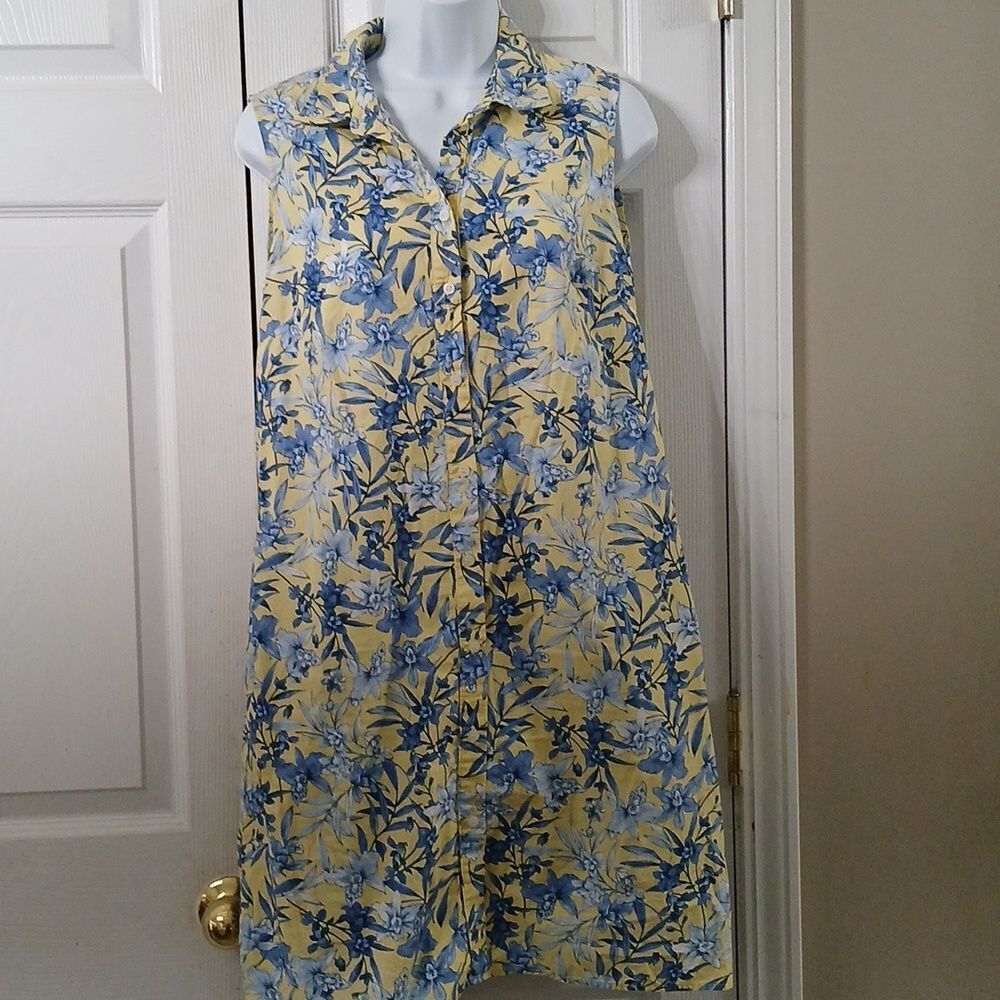 Tommy Hilfiger yellow and blue floral print button down pocket dress Sz 8 EUC